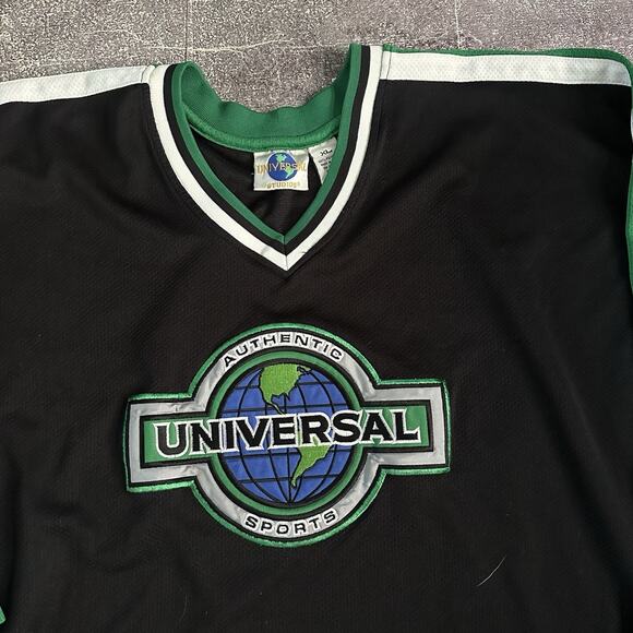 Men's Vintage 90s Universal Studios Sports Black White Green Hockey Jersey Sz XL - Picture 2 of 3